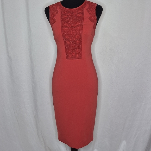 Karen Millen Sleeveless Bodycon Midi Dress w/Crochet Front/Back Inlay - Size 4 - Picture 1 of 13